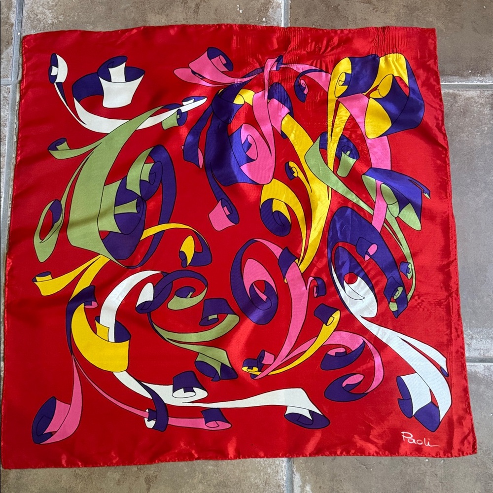 Vintage Paoli 100% Silk Scarf – Abstract Ribbon Art on Red, Hand-Rolled Hem
